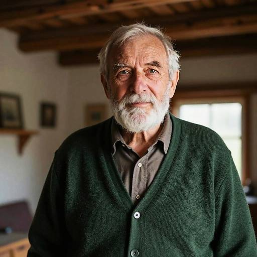 Elderly Man in Rustic Cabin