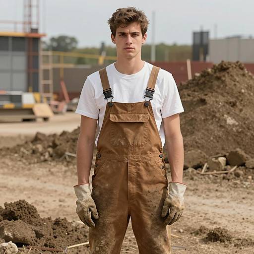 Young Male Construction Worker in Muddy Overalls