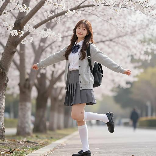 Joyful Asian Girl by Cherry Blossoms