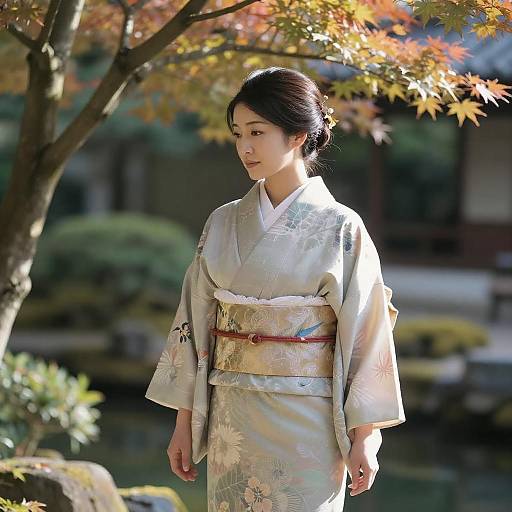 Photograph of a Japanese woman in a light green floral kimono with a red obi, standing in a sunlit garden with autumn leaves.