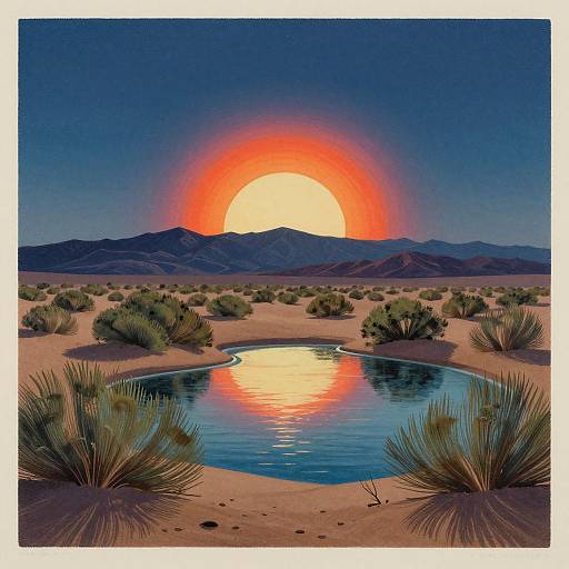 Digital artwork of a desert sunset with a large, glowing orange sun setting over a mountain range, reflected in a calm, blue oasis pond surrounded by sandy