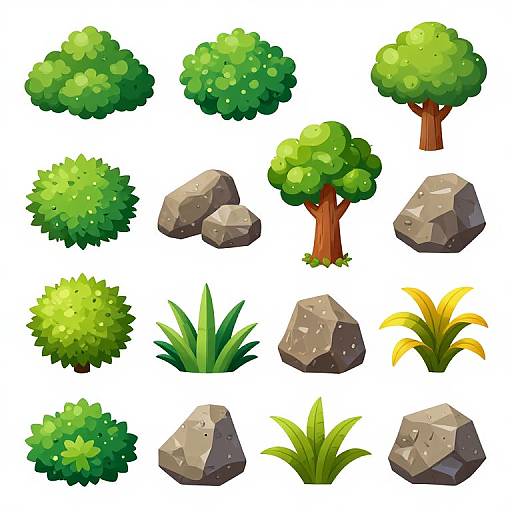 Digital illustration of various cartoon-style trees and rocks in vibrant colors, including green bushes, brown-trunked trees, and yellow plumes, with gray