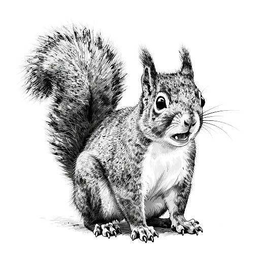 Black-and-white digital drawing of a curious, fluffy-tailed squirrel with detailed fur texture, sitting on its hind legs, looking to the right.