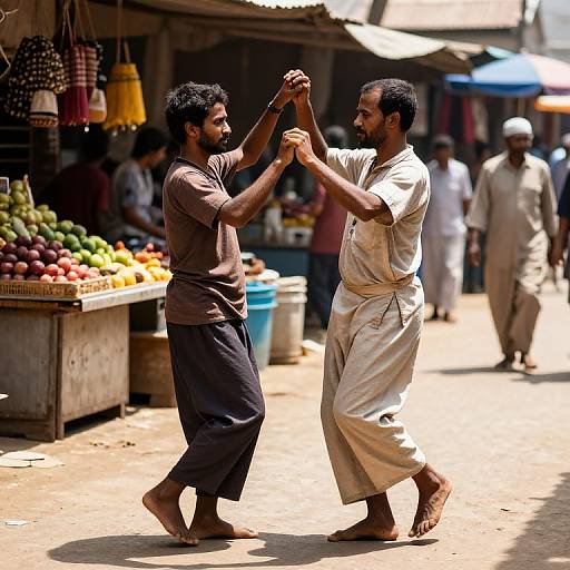 Photograph of two South Asian men, one in a brown shirt and black pants, the other in a white kurta, dancing barefoot in a