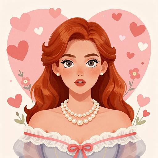 Digital illustration of a red-haired woman with large eyes, wearing a pearl necklace and off-shoulder lace dress, surrounded by pink hearts and flowers.