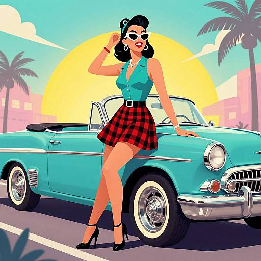Digital illustration of a retro-styled woman in a turquoise top, red plaid skirt, and black heels, posing by a turquoise convertible at sunset with