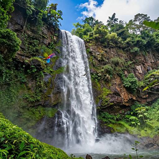 Photograph of a tall, powerful waterfall cascading down a rocky, lush green cliff with dense vegetation, mist below, and a small colorful backpack visible