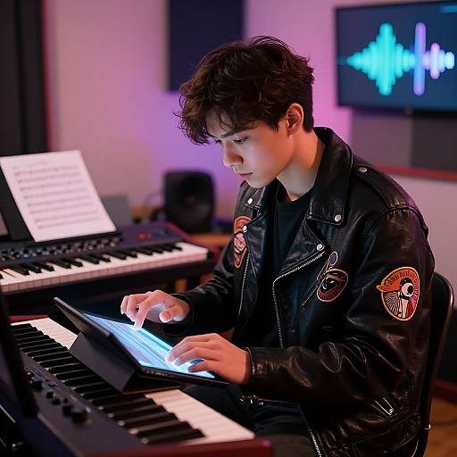 Photograph of a young man with short, dark hair playing a glowing, illuminated keyboard in a studio, wearing a black leather jacket with colorful patches,