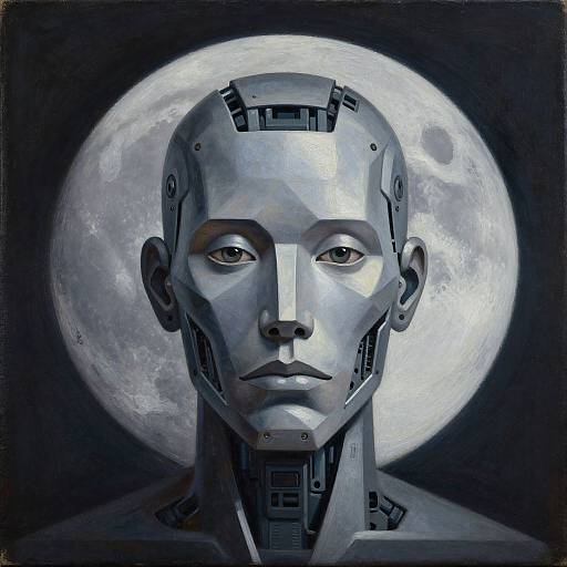 Digital painting of a robotic human face with metallic textures, calm expression, and detailed mechanical features, centered against a glowing full moon in a dark background.