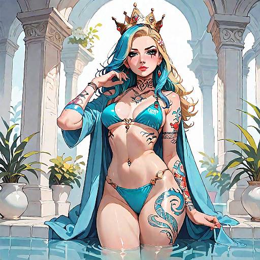 Crowned Bikini Model with Colorful Hair