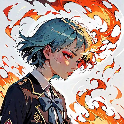 Lain in School Uniform Amid Fire