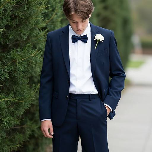 Photograph of a young man with brown hair, wearing a navy suit, white shirt, black bow tie, and white daisy boutonniere