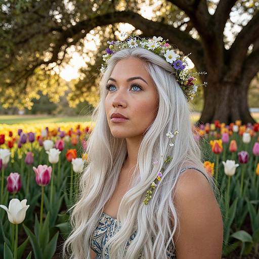 Photograph of a fair-skinned woman with long, wavy white hair, wearing a flower crown, and a patterned top, standing in a