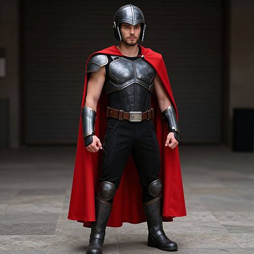 Photograph of a muscular man in medieval armor, black helmet, red cape, black pants, and boots, standing confidently in a dimly lit,