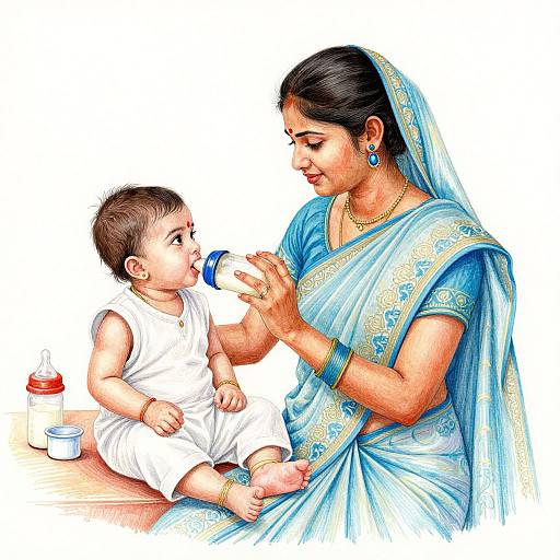 Indian mother in blue saree feeding baby with bottle, white outfit, colorful jewelry, simple wooden table, white background. Digital illustration.