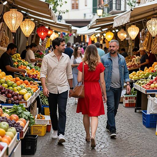 Photograph of a busy, colorful outdoor market with hanging lanterns, three people walking: a man in a white shirt, a woman in a red