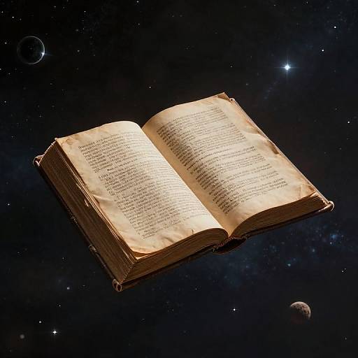 Ancient, glowing book floats in space with stars, planets, and galaxies in the background. The pages are yellowed and filled with text. Digital