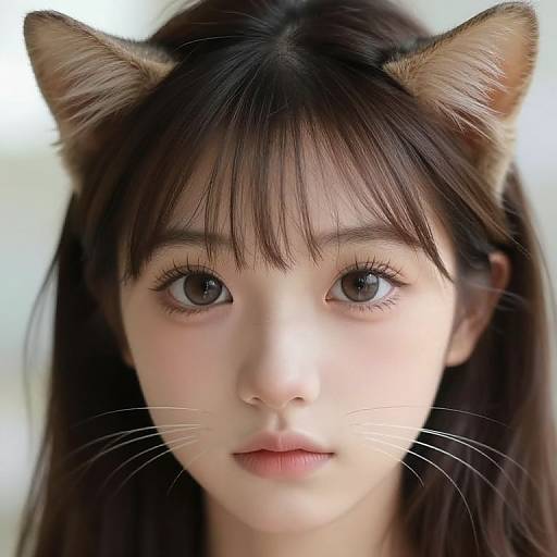 Digital portrait of an Asian woman with cat ears, brown eyes, and long dark hair, wearing a neutral expression. Soft lighting highlights her delicate features and