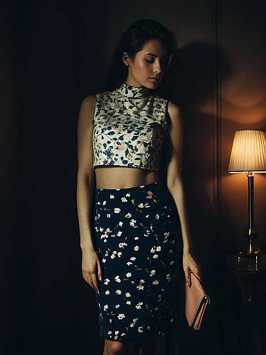 Woman in Floral Pencil Skirt and Crop Top