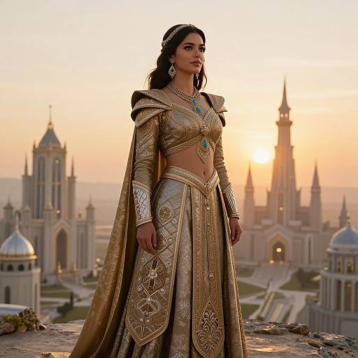 Photograph of a dark-haired woman in ornate gold traditional attire with turquoise jewelry, standing confidently on a rooftop at sunset, with a grand castle-like