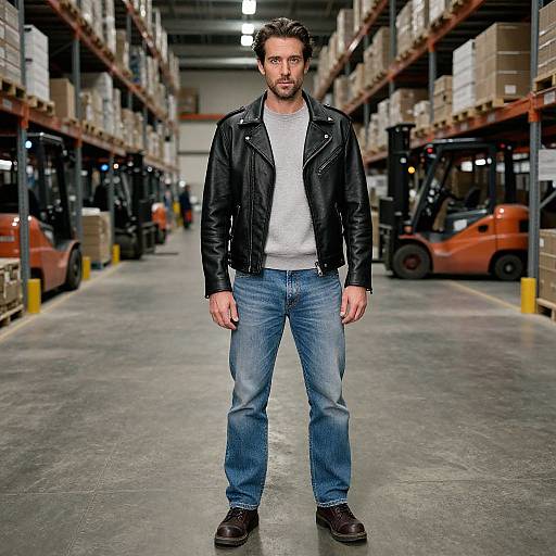 Photograph of a bearded man with dark hair, wearing a black leather jacket, white shirt, blue jeans, and black shoes, standing in a