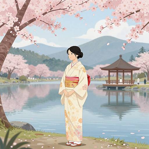 Digital illustration of a Japanese woman in a floral kimono standing by a serene pond with cherry blossoms, wooden pavilion, and mountains in the background