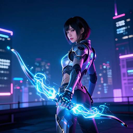 CGI image: Neon-lit cityscape at night, Asian woman with black hair in futuristic, glowing armor, holding a blue, energy sword,