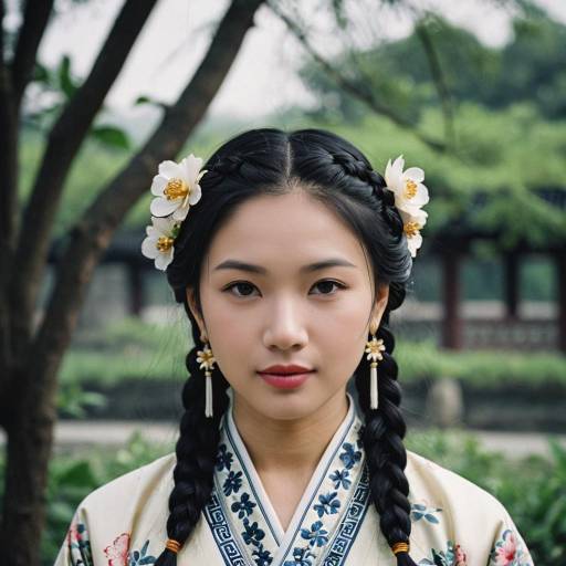 Traditional Chinese Woman with Braided Hair and Floral Accessories