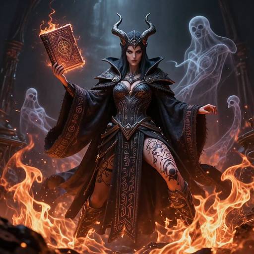 Digital art of a powerful, horned female demon with black armor, holding a glowing book, surrounded by ghostly figures and flames.