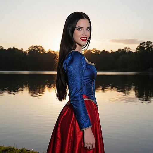 Photograph of a fair-skinned woman with long black hair, wearing a blue lace top and red satin skirt, standing by a serene lake at sunset