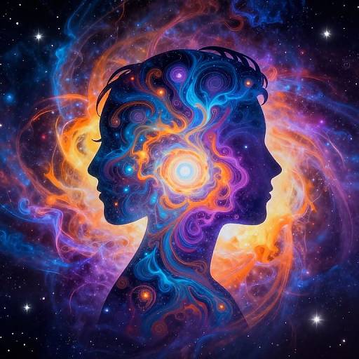 Silhouetted human head filled with vibrant, swirling cosmic energy in hues of blue, orange, and purple, set against a starry space background
