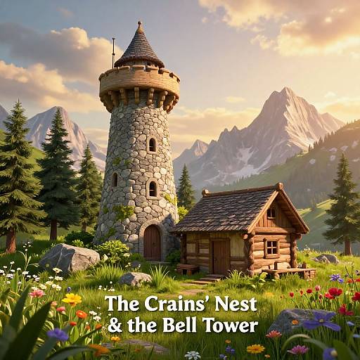 Digital artwork of a stone tower with a conical roof and wooden cottage in a vibrant meadow, surrounded by mountains and pine trees, with the text