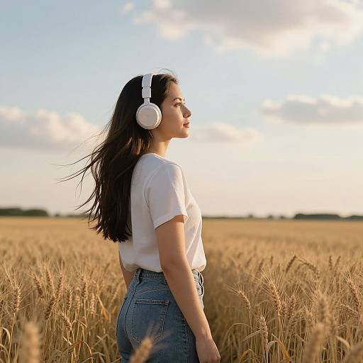 Photograph of a young woman with long dark hair, wearing white headphones, white t-shirt, and high-waisted blue jeans, standing in a