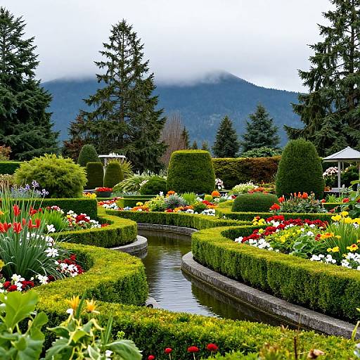 Photograph of a vibrant, meticulously manicured garden with curved hedges, colorful flowers, a central waterway, and misty mountain backdrop.