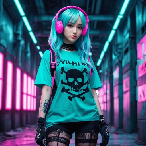 Confident Anime Girl in Cyberpunk Setting