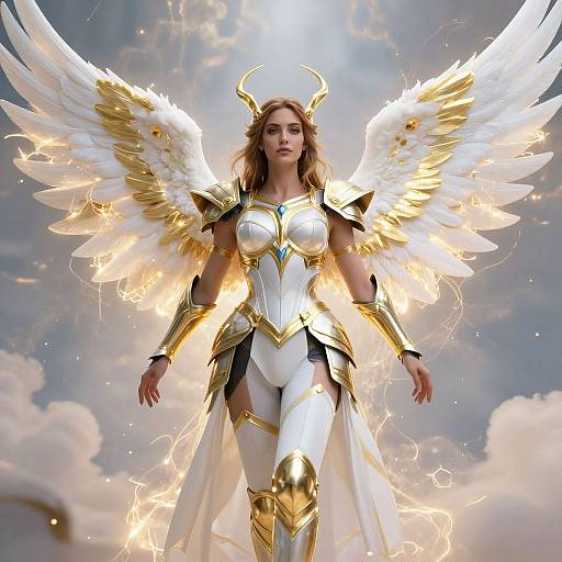Digital illustration of a powerful, blonde, angelic woman with golden horns, white and gold armor, and glowing wings, standing against a cloudy sky,