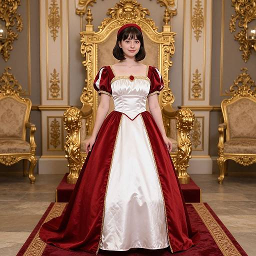 Digital art of an East Asian woman in a white and red satin ball gown, standing before an ornate gold throne in an opulent, baroque