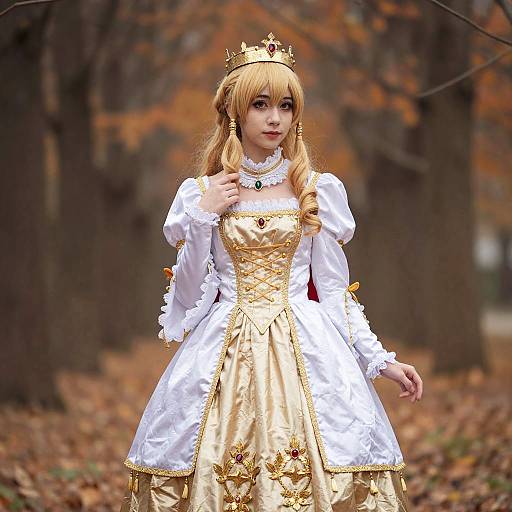 Photograph of a young woman with blonde hair in a medieval-style white and gold dress, crown, and autumn forest background.