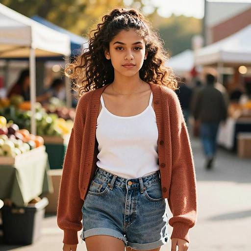 Photograph of a young woman with curly dark hair, brown cardigan, white tank top, and blue denim shorts, standing at an outdoor market with