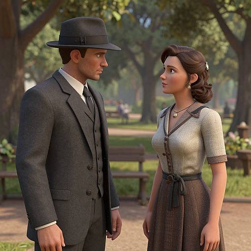 CGI image of a 1940s-style couple in a park; man in black suit and fedora, woman in cream blouse and brown skirt