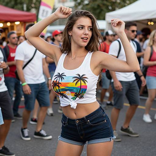 Photograph of a confident young woman with brown hair, wearing a white crop top with palm tree and rainbow design, and denim shorts, flexing her