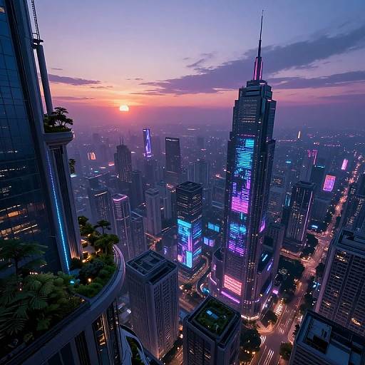 Photograph of a futuristic cityscape at sunset, with neon-lit skyscrapers, vibrant purple and blue lights, and a hazy orange sky