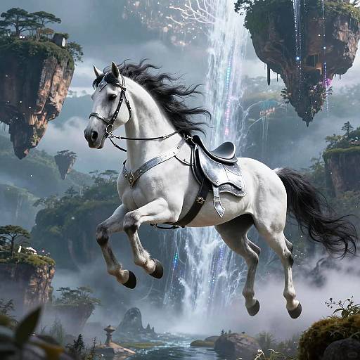 Flying White Horse Over Mystical Islands