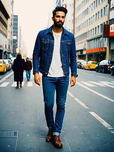 Man in Stylish Denim Outfit Walking on City Street