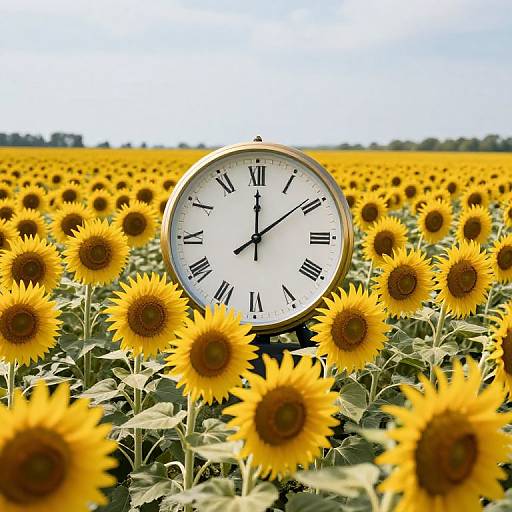 Photograph of a vintage clock with black Roman numerals, centered in a vast sunflower field under a clear blue sky.