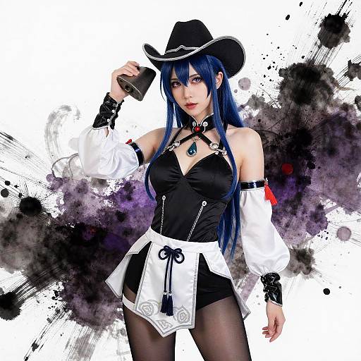 Digital art of an anime-style woman with long blue hair, black cowboy hat, black and white outfit, and black stockings. Background features splattered black