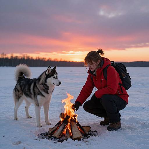 Photograph of a woman in a red jacket and black pants, crouching by a campfire with a standing Siberian Husky, at sunset