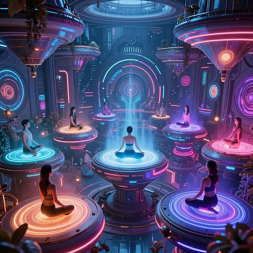 Digital art of a neon-lit futuristic temple with meditating figures on glowing circular platforms, surrounded by vibrant blue, pink, and purple lights.