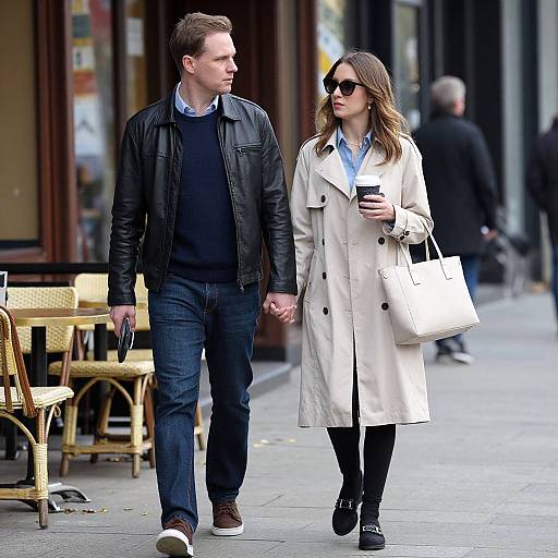 Photograph of a young couple holding hands on a city sidewalk; man in black leather jacket, blue shirt, jeans; woman in beige coat, black