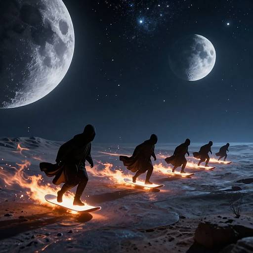 Silhouetted figures skate on fiery snow paths under a starry sky with two large, detailed moons. Digital art with dramatic lighting and celestial elements